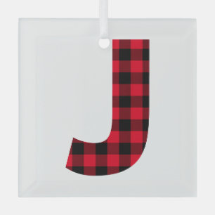Red and Black Buffalo Plaid Bold Letter J Monogram Glass Tree Decoration