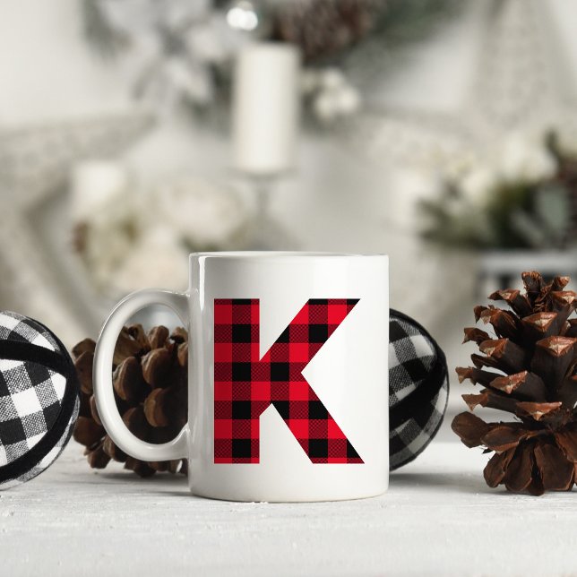 Red and Black Buffalo Plaid Bold Letter K Monogram Coffee Mug (Letter K Monogram Christmas Coffee Cup)