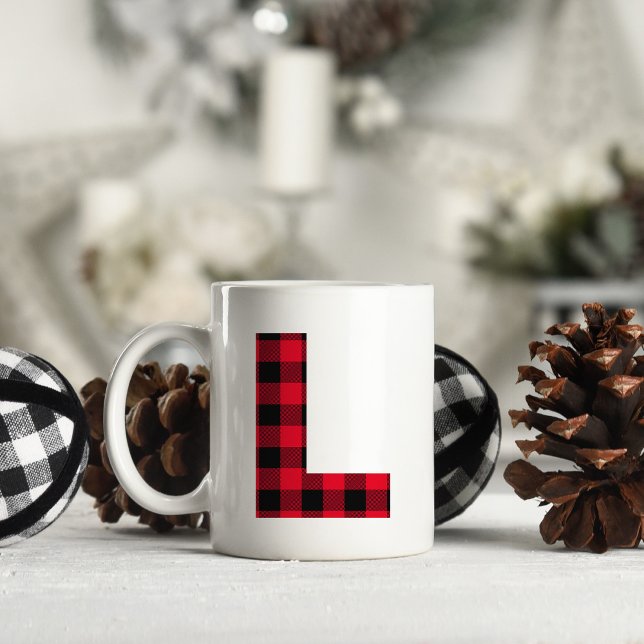 Red and Black Buffalo Plaid Bold Letter L Monogram Coffee Mug (Letter L Monogram Christmas Coffee Cup)
