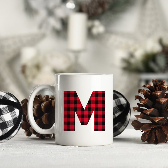 Red and Black Buffalo Plaid Bold Letter M Monogram Coffee Mug (Letter M Monogram Christmas Coffee Cup)