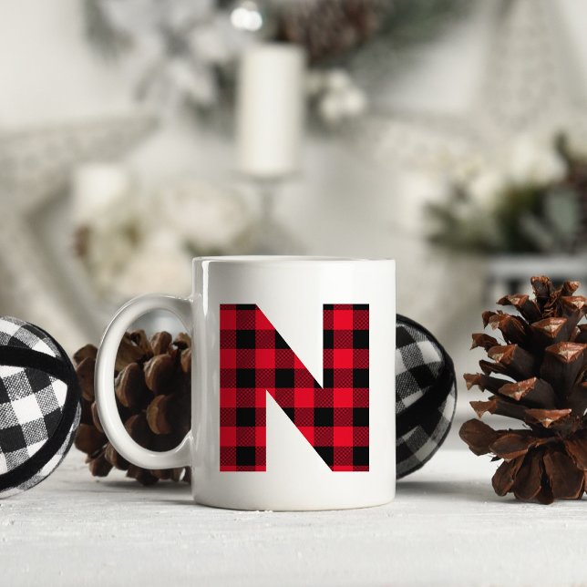 Red and Black Buffalo Plaid Bold Letter N Monogram Coffee Mug (Letter N Monogram Christmas Coffee Cup)