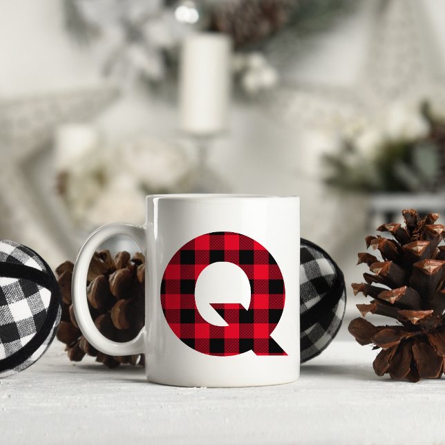 Red and Black Buffalo Plaid Bold Letter Q Monogram Coffee Mug (Letter Q Monogram Christmas Coffee Cup)