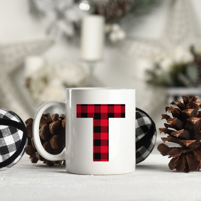 Red and Black Buffalo Plaid Bold Letter T Monogram Coffee Mug (Letter T Monogram Christmas Coffee Cup)