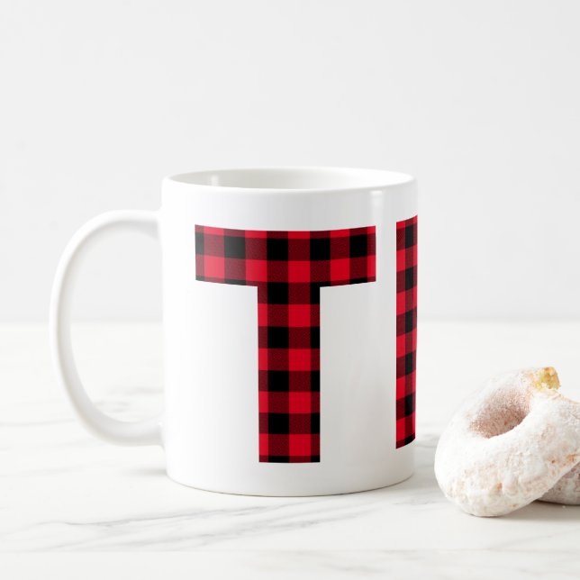 Red and Black Buffalo Plaid Bold Letter Tea Coffee Mug (With Donut)