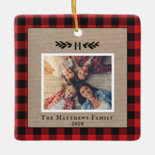 Red and Black Buffalo Plaid Burlap Monogram Photo  Ceramic Ornament
