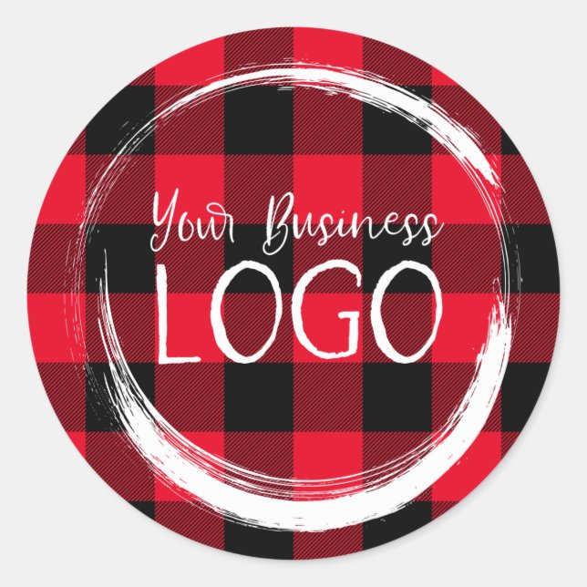 Red and Black Buffalo Plaid Business Logo Classic Round Sticker (Front)