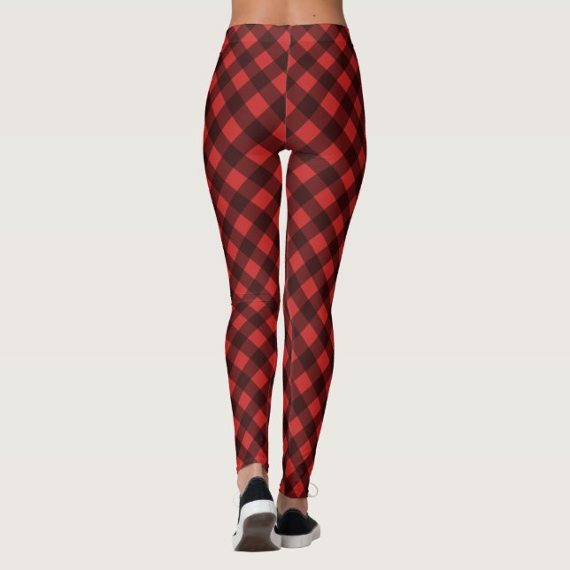 Red and black buffalo plaid check pattern leggings (Back)