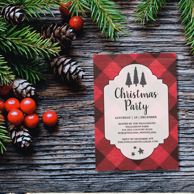 Red and Black Buffalo Plaid Christmas Party Invite (Creator Uploaded)