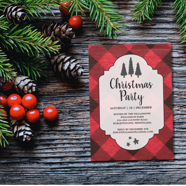 Red and Black Buffalo Plaid Christmas Party Invite Postcard (Creator Uploaded)