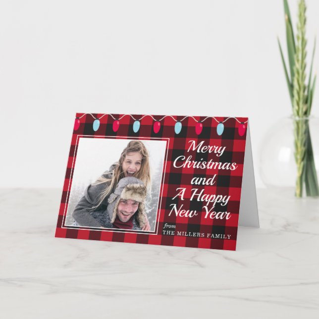 Red and Black Buffalo Plaid Christmas Photo Folded Holiday Card (Front)