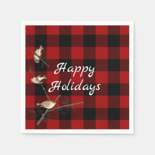 red and black buffalo plaid Christmas with birds Napkin