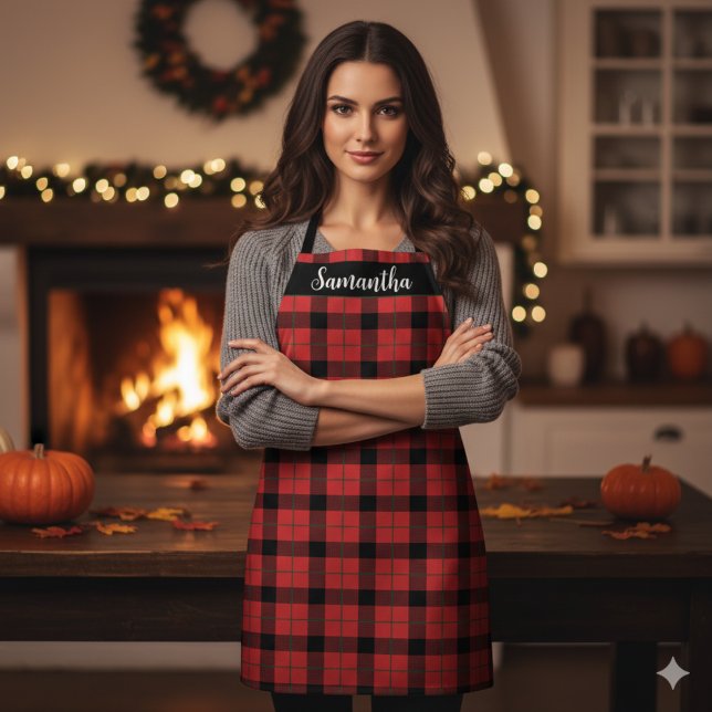 Red and Black Buffalo Plaid Custom Apron (Red and Black Buffalo Plaid Custom Apron - Perfect for Christmas Baking - Just add your name!)