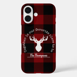 Red and Black Buffalo Plaid Deer Family Name iPhone 16 Case