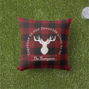 Red and Black Buffalo Plaid Deer Family Name Cushion