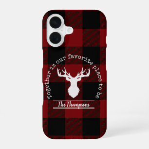 Red and Black Buffalo Plaid Deer Family Name iPhone 16 Case