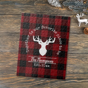 Red and Black Buffalo Plaid Deer Family Name Jigsaw Puzzle