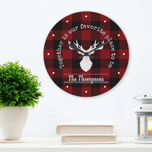 Red and Black Buffalo Plaid Deer Family Name Large Clock