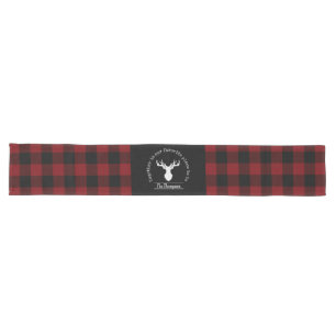 Red and Black Buffalo Plaid Deer Family Name Long Table Runner