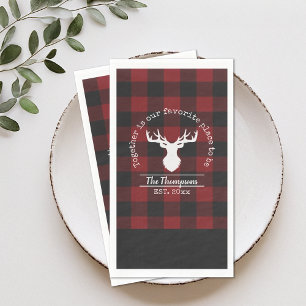 Red and Black Buffalo Plaid Deer Family Name Napkin