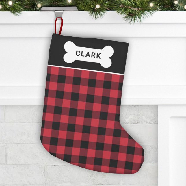 Red and Black Buffalo Plaid Dog Bone Monogram Small Christmas Stocking (Creator Uploaded)