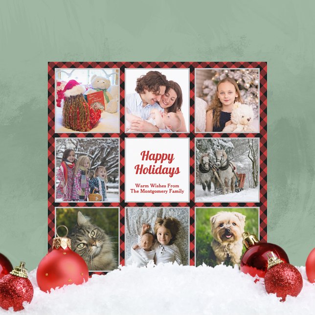 Red and Black Buffalo Plaid Eight Photos Holiday Card (Creator Uploaded)