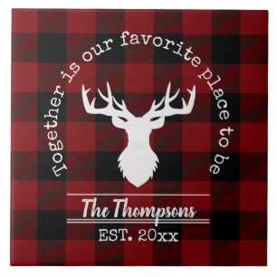 Red and Black Buffalo Plaid Family Name Ceramic Tile