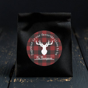 Red and Black Buffalo Plaid Family Name Classic Round Sticker