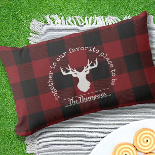 Red and Black Buffalo Plaid Family Name Outdoor Lumbar Cushion
