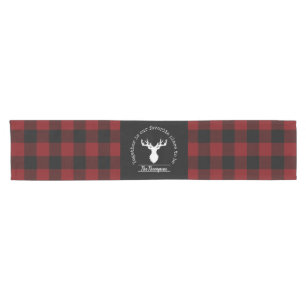 Red and Black Buffalo Plaid Family Name Short Table Runner