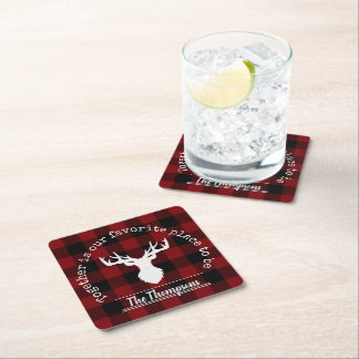 Red and Black Buffalo Plaid Family Name Square Paper Coaster