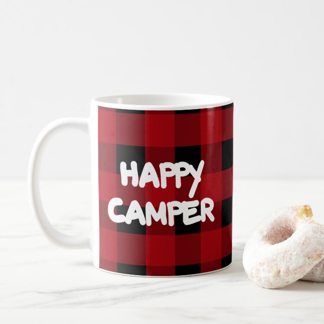 Red and Black Buffalo Plaid Happy Camper Coffee Mug (With Donut)