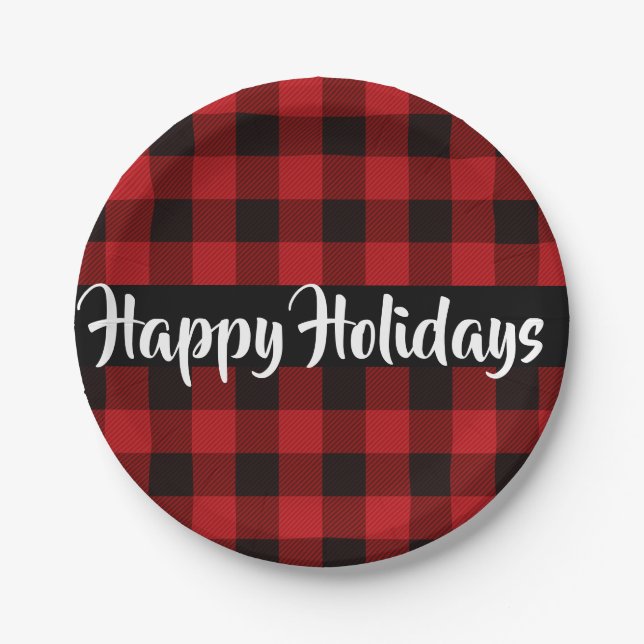 Red and Black buffalo plaid, happy holidays Paper Plate (Front)