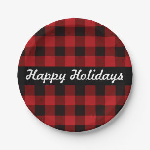 Red and Black buffalo plaid, happy holidays Paper Plate