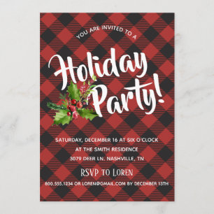 Red and Black Buffalo Plaid  Holiday Party Invite
