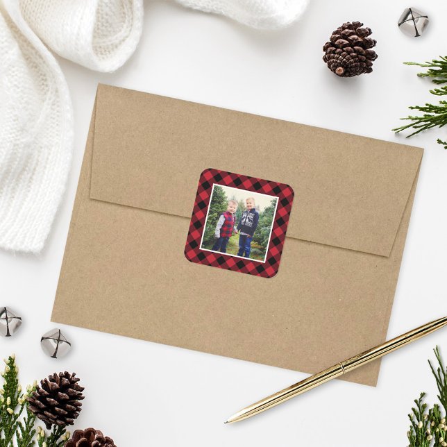 Red and Black Buffalo Plaid Holiday Photo Square Sticker (Creator Uploaded)