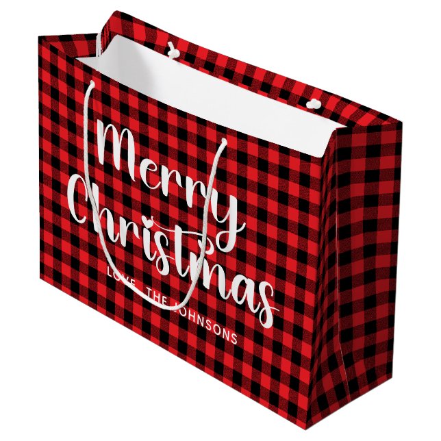 Red and Black Buffalo Plaid Merry Christmas Large Gift Bag (Front Angled)