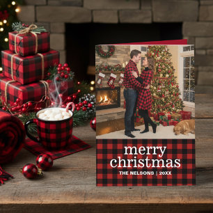 Red and Black Buffalo Plaid Merry Christmas Photo  Holiday Card