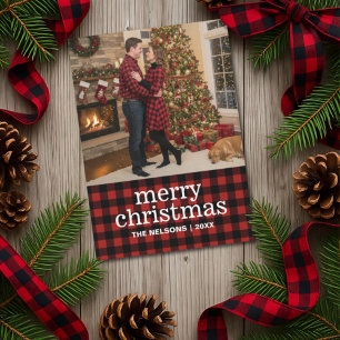 Red and Black Buffalo Plaid Merry Christmas Photo  Holiday Card
