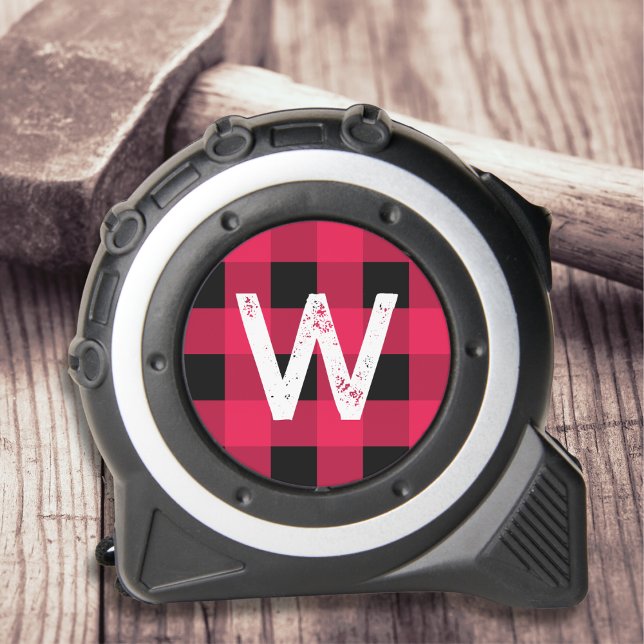 Red and Black Buffalo Plaid Monogram  1 (A tape measure with monogram initial in a grunge font, on a red buffalo plaid checkered background)