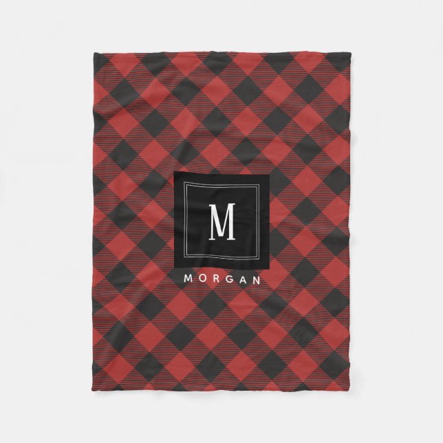 Red and Black Buffalo Plaid Monogram Fleece Blanket (Front)
