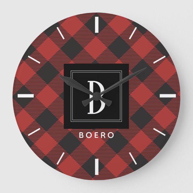 Red and Black Buffalo Plaid Monogram Large Clock (Front)