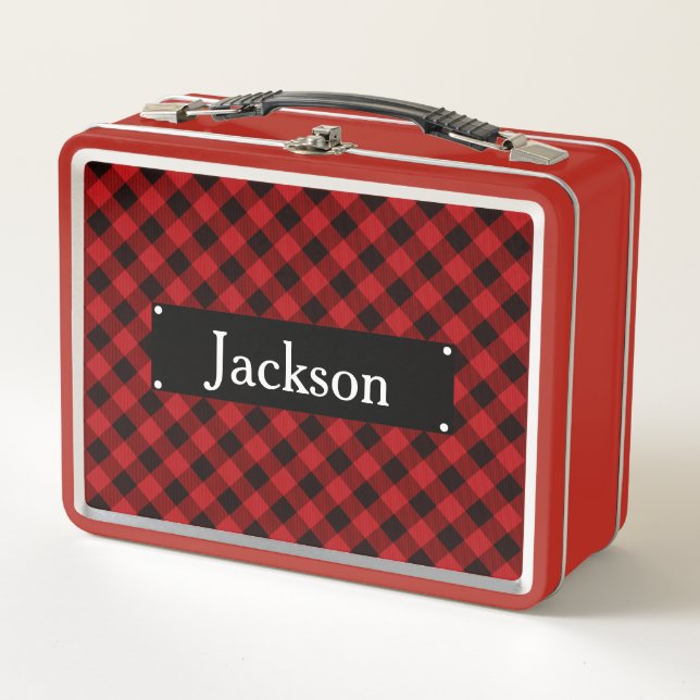 Red and Black Buffalo Plaid Monogram Metal Lunch Box (Front)