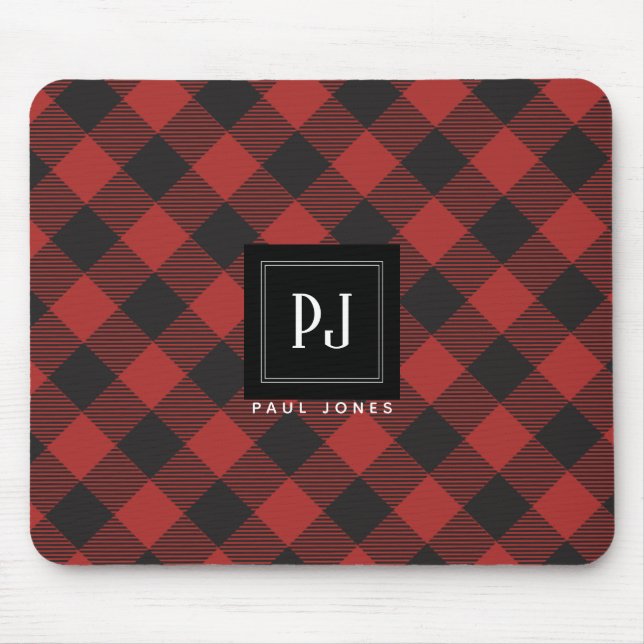 Red and Black Buffalo Plaid Monogram Mouse Pad (Front)