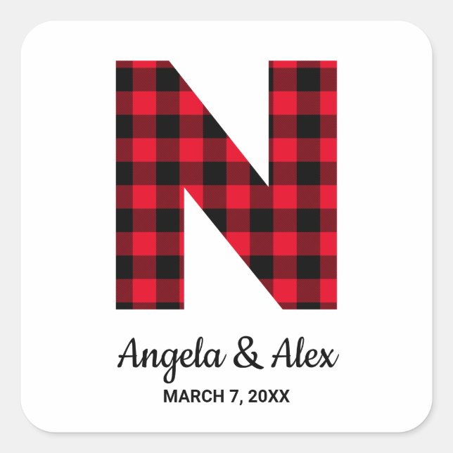 Red and Black Buffalo Plaid Monogram N Square Sticker (Front)