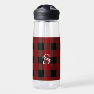 Red and black buffalo plaid monogram water bottle