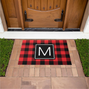Red and Black Buffalo Plaid Monogrammed Doormat