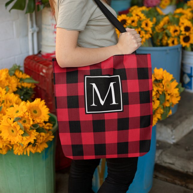Red and Black Buffalo Plaid Monogrammed Tote Bag (Monogrammed Buffalo Plaid Tote Bag)