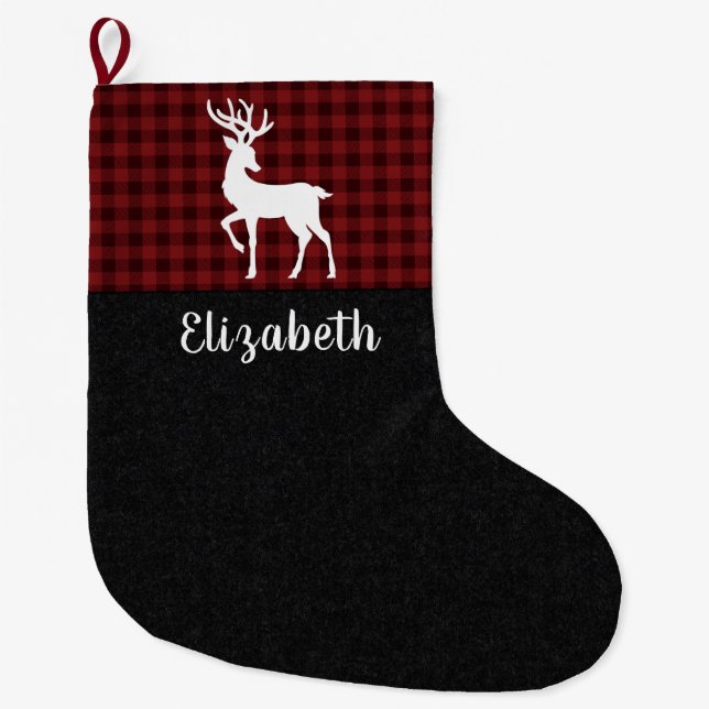 Red and Black Buffalo Plaid Personalised Name  Large Christmas Stocking (Front)