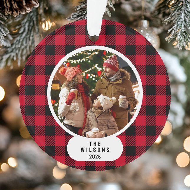 Red and Black Buffalo Plaid Photo Christmas Ornament (Red and Black Buffalo Plaid Photo Christmas Ornament)