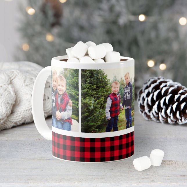 Red and Black Buffalo Plaid Photo Collage Holiday Coffee Mug (Creator Uploaded)